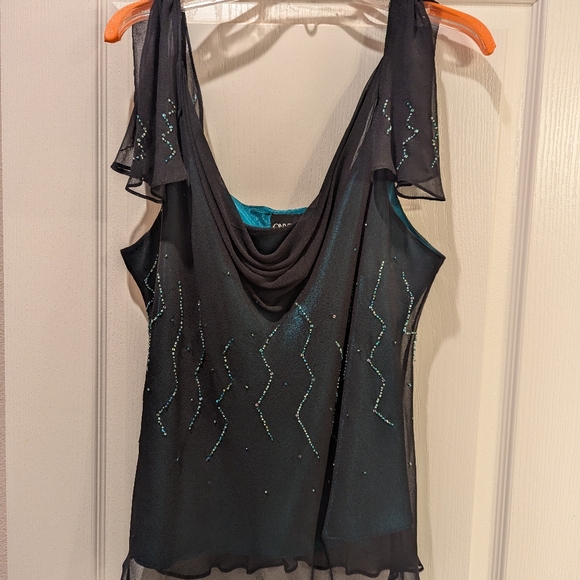 Black Silk Chiffon Hand Beaded Camisole, Flutter Shoulder Plus Size 2X - Picture 7 of 8